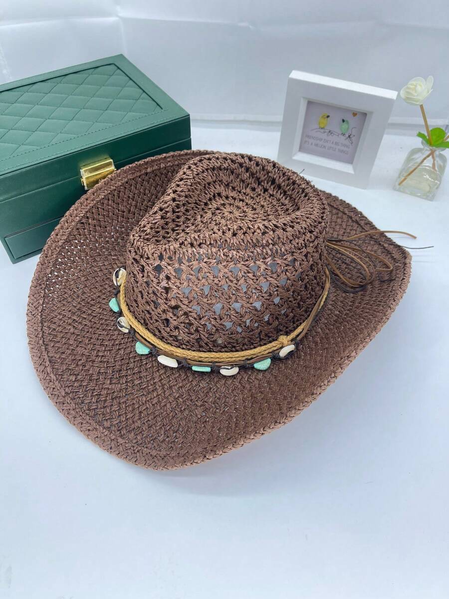 Vintage Hollow Wide Brim Straw - Cowboy Hat Straw บทวิจารณ์และราคา